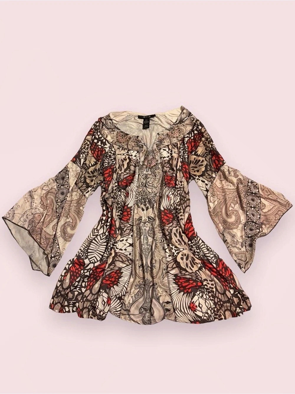 Style & Co Printed Embellished Bell Sleeve Tunic Size Large